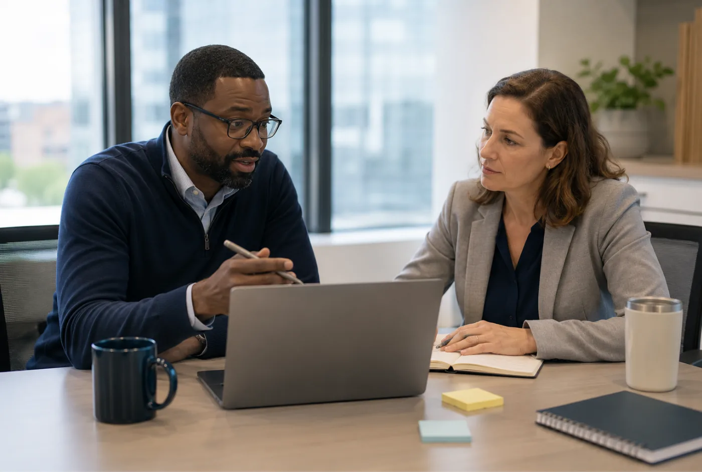 Illustration of health plan professionals reviewing information together, representing collaboration to design benefits, communications, and support programs that reflect members' real-world needs and experiences.
