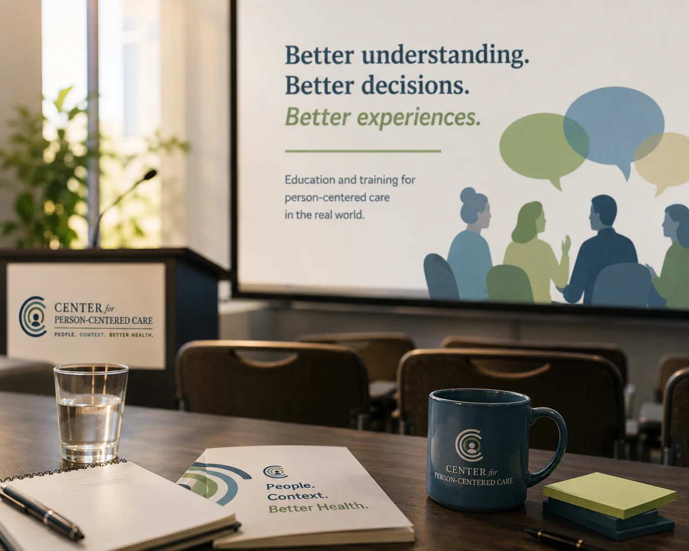 Healthcare education session showing a speaker podium and branded materials in the foreground, with a presentation screen in the background displaying the message: 'Better understanding. Better decisions. Better experiences. Education and training for person-centered care in the real world.'
