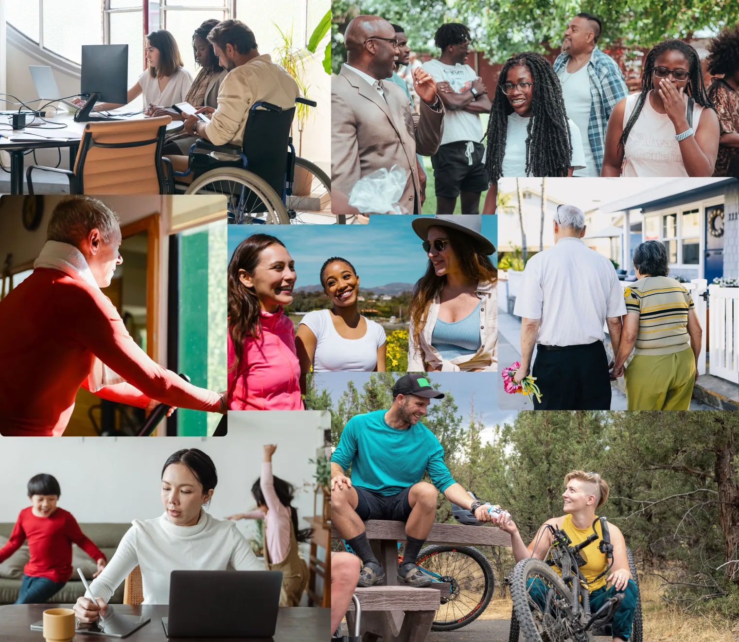 Collage of people living everyday lives in home, work, family, and community settings, illustrating the real-life contexts that influence healthcare decisions.