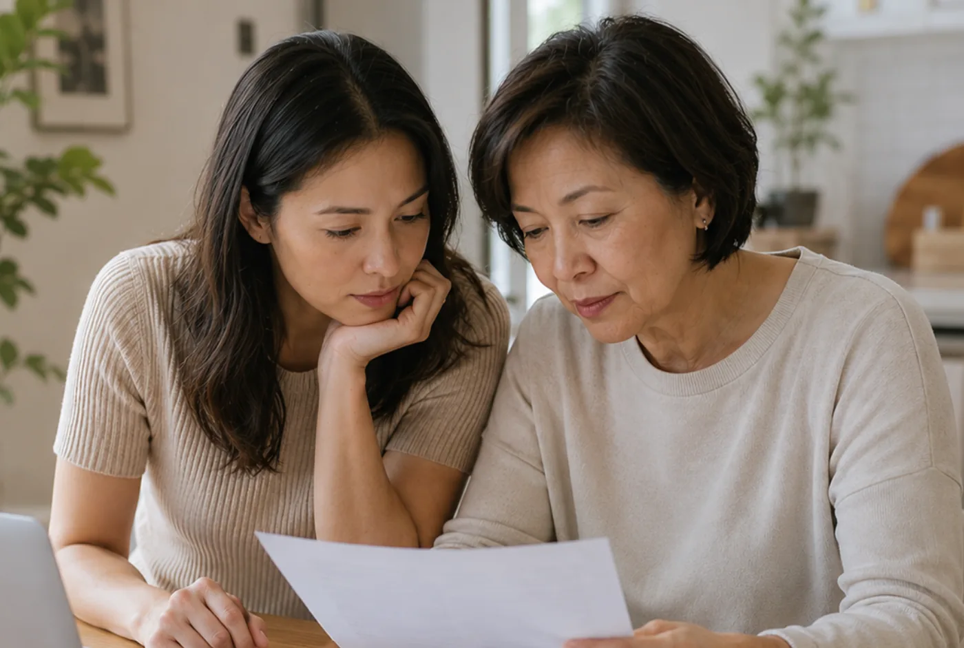 Two people reviewing healthcare documents together at a table as they prepare for medical appointments and healthcare decisions.