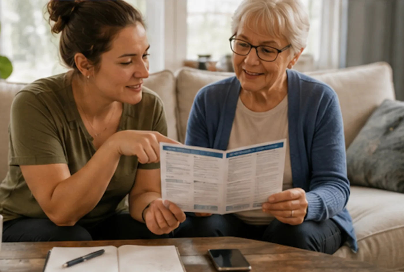 Two women reviewing a healthcare guide together at home, representing patients and families using information to prepare for care and make informed healthcare decisions.